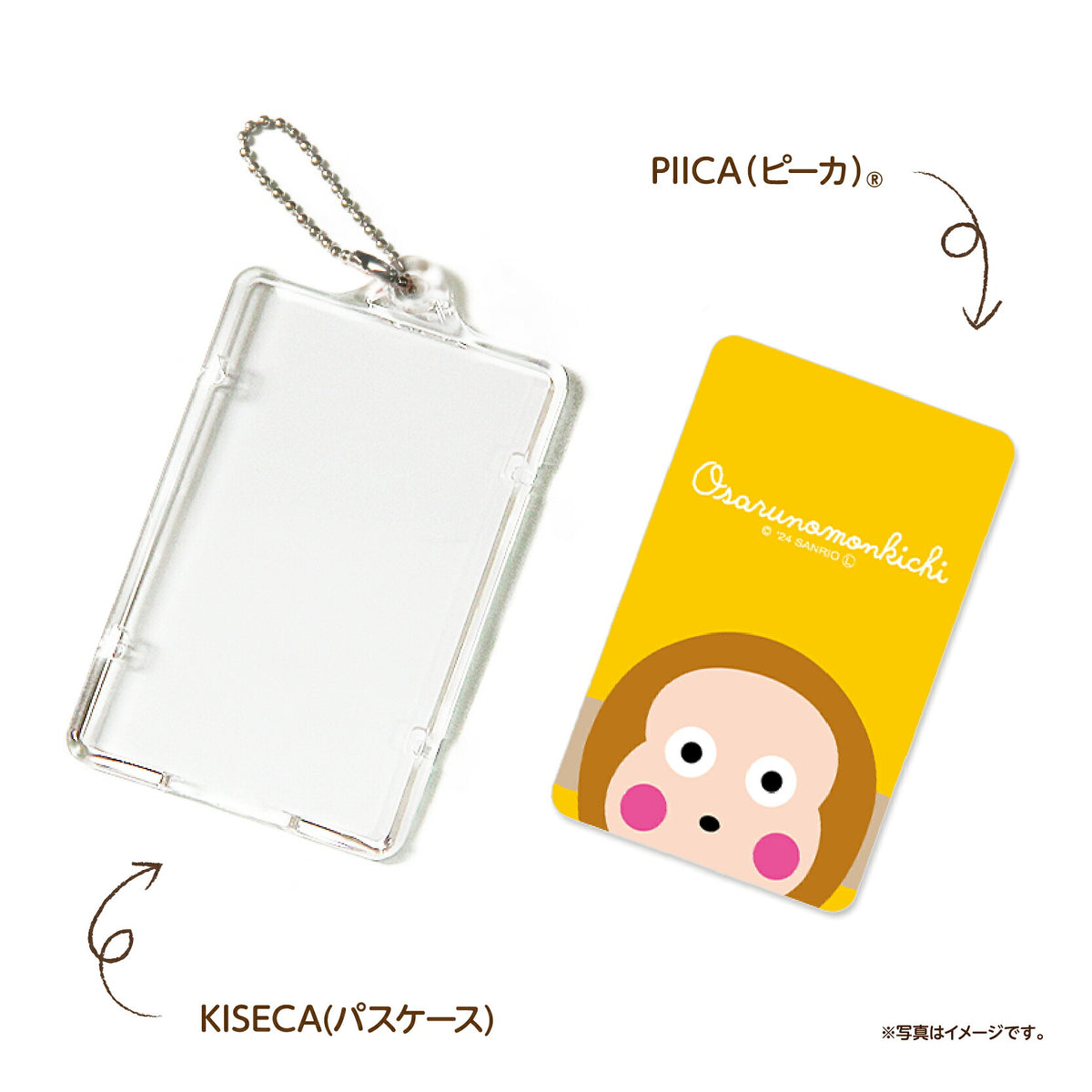   せっきん！～Sanrio characters～ おさるのもんきち PIICA+クリアICカードケース⇒ LED内蔵 光るパスケース 定期入れ 非接触型 ICカード 交通系ICカード 社員証 IDカード 電子マネーカード PIICA サンリオ 顔 フェイス
